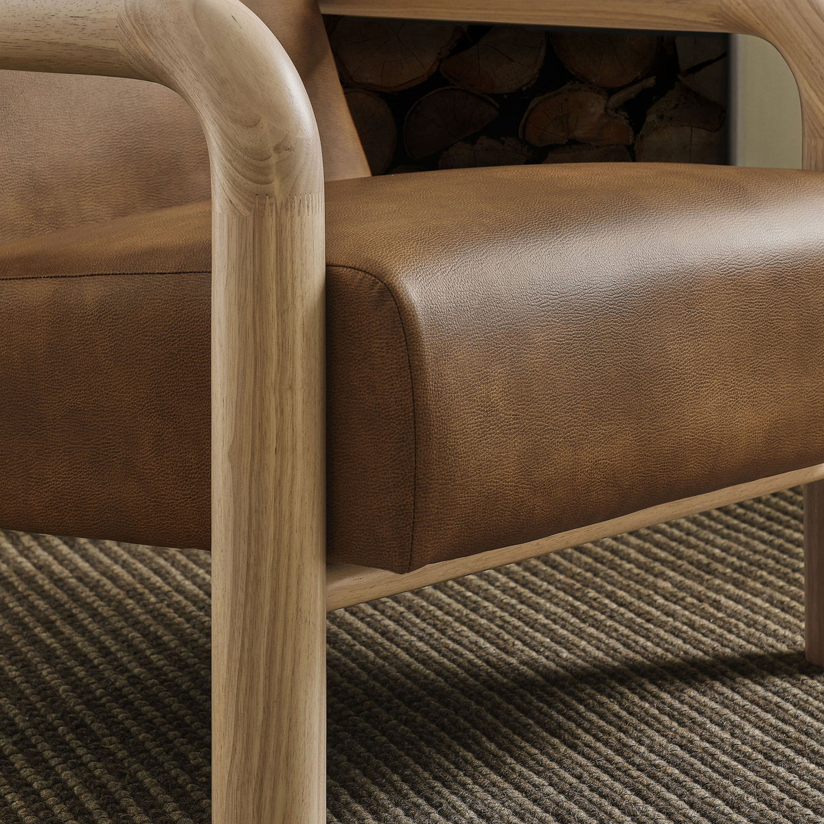 Textured vegan leather and rounded wood frame add warmth and tactile interest || EEI-7392-CYN-OAK || detail_room