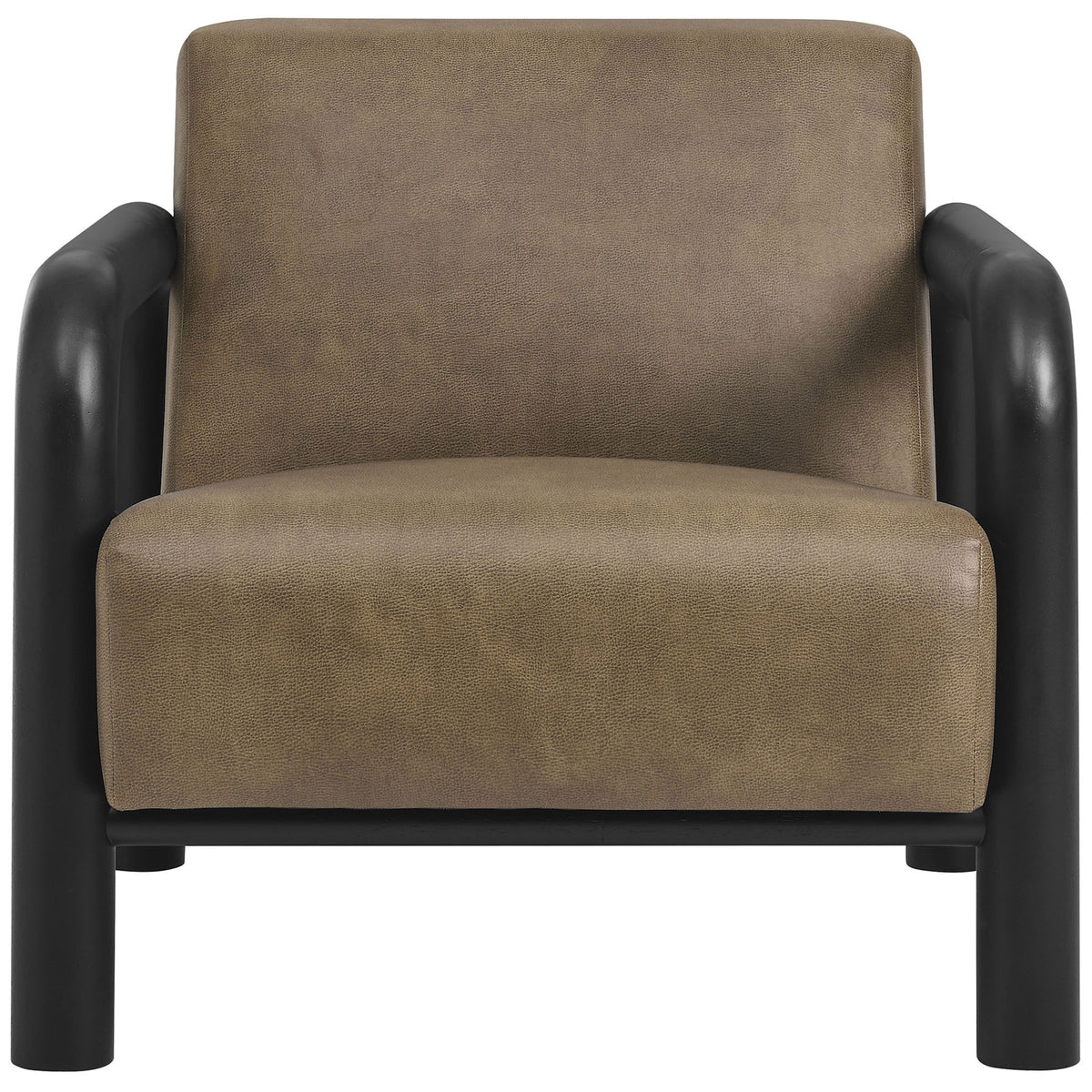 Sculptural accent chair in mushroom black vegan leather with bold rounded solid wood arms. || EEI-7392-MUS-BLK || front_studio