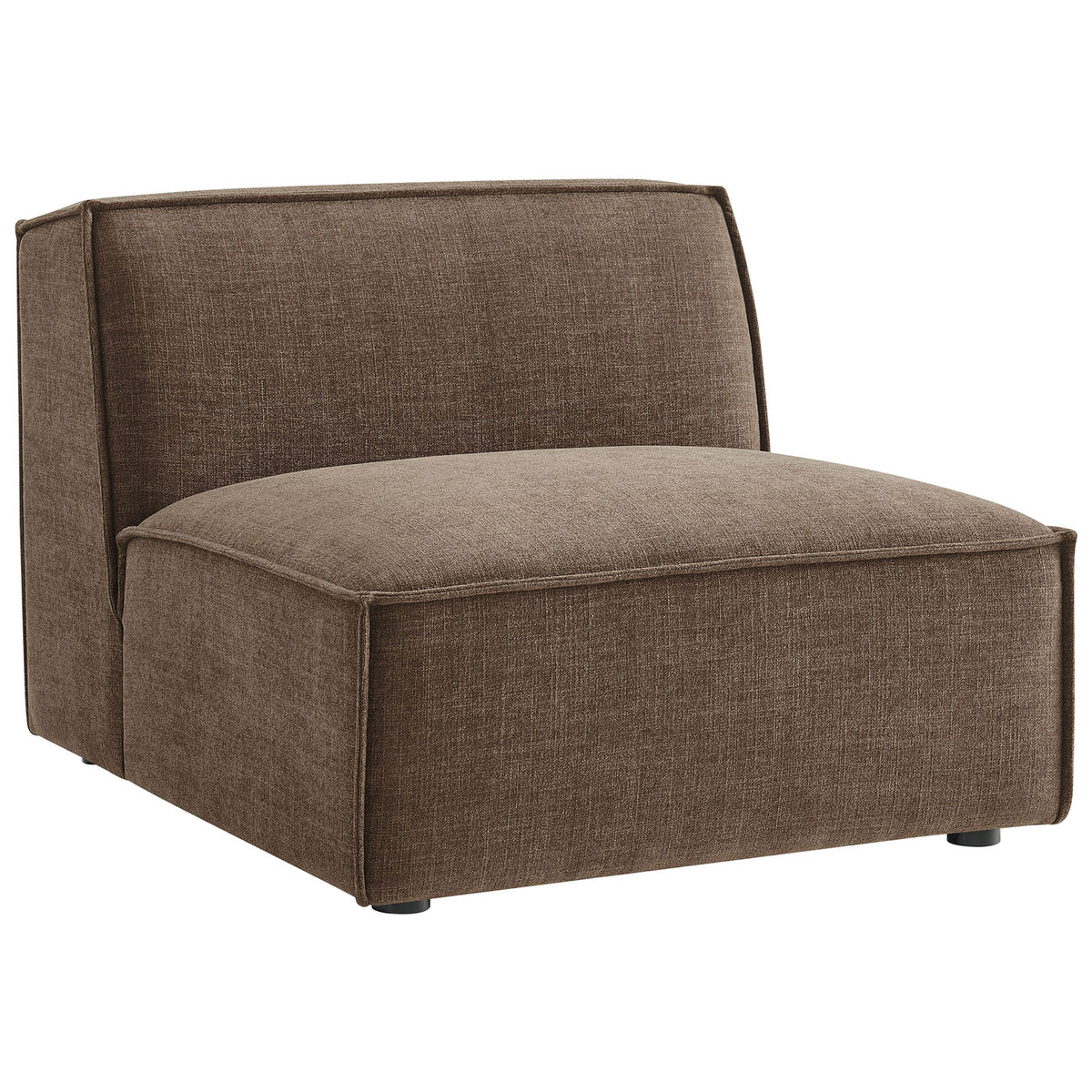 Low-profile modular chair in mocha upholstery with broad lines, tailored piping, and lounge-worthy depth. || EEI-7395-MOC || front_angle_studio