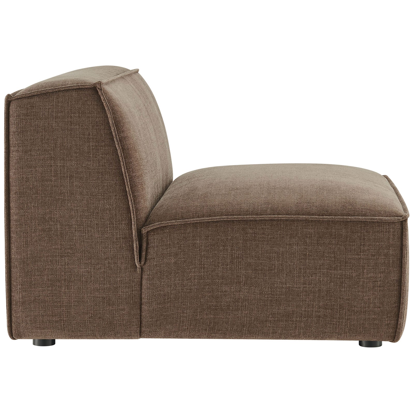 Sleek armless profile with a gently reclined back and thick seat in durable mocha performance fabric. || EEI-7395-MOC || side_studio