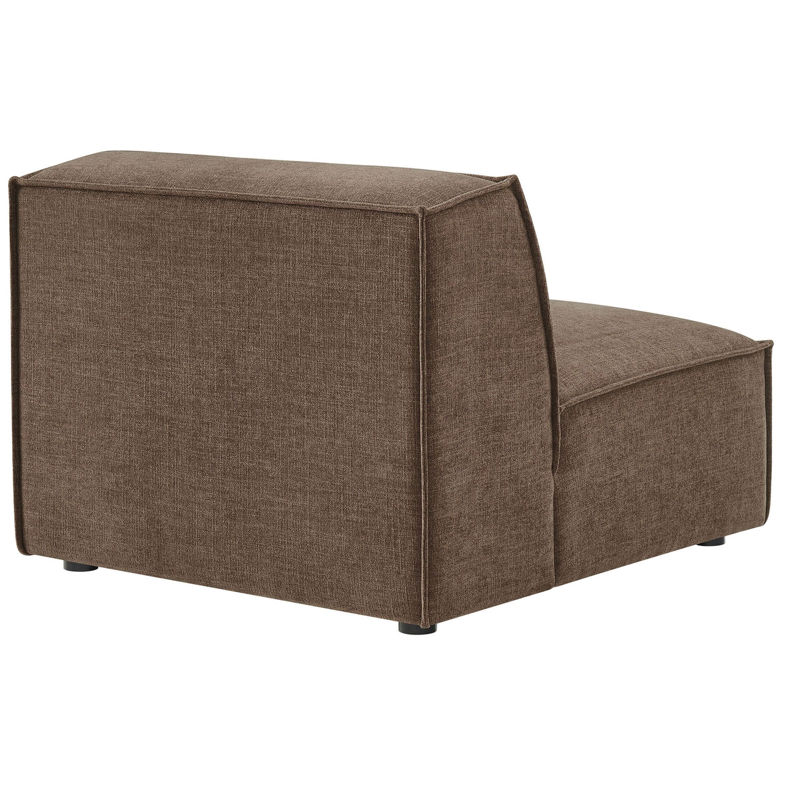 Clean-lined back with refined piping and smooth mocha upholstery on a modern, low-slung modular chair. || EEI-7395-MOC || back_angle_studio