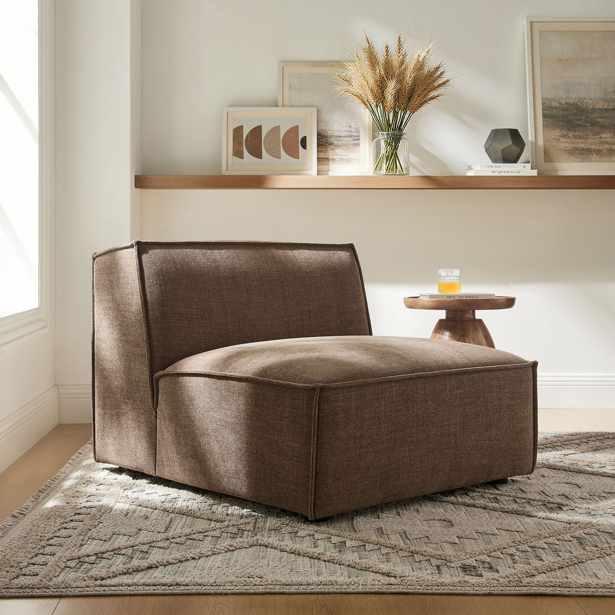Mocha armless modular chair brings cozy depth and modern lines to the living room. || EEI-7395-MOC || front_angle_room