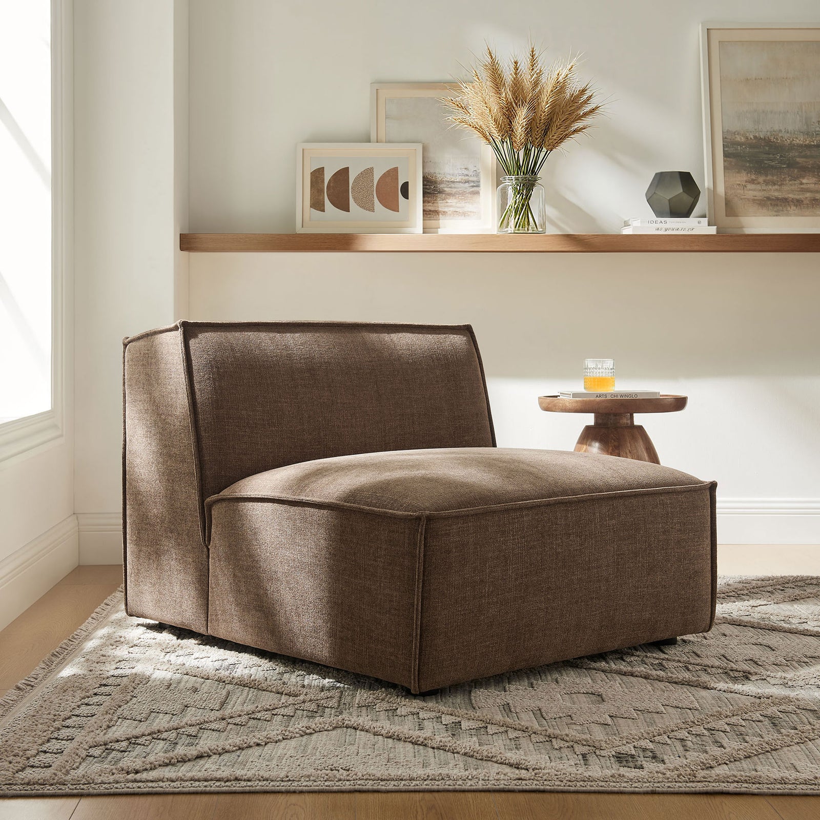Mocha armless modular chair brings cozy depth and modern lines to the living room. || EEI-7395-MOC || front_angle_room