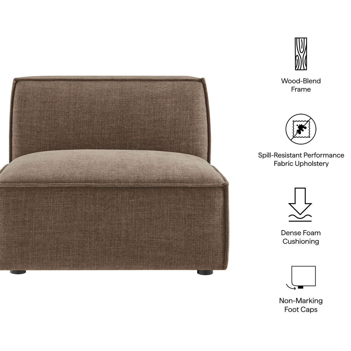 Supportive armless chair with spill-resistant performance fabric, dense foam comfort, and non-marking foot caps. || EEI-7395-MOC || callout_studio