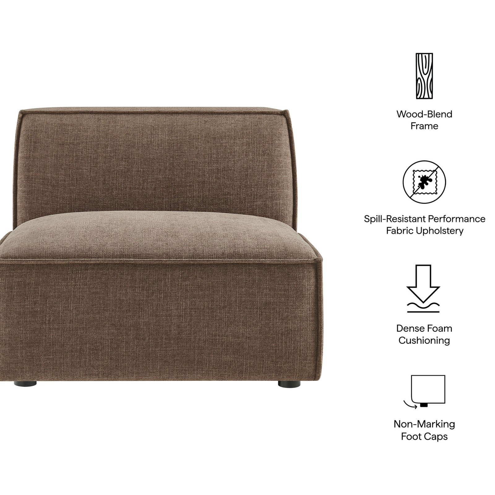 Supportive armless chair with spill-resistant performance fabric, dense foam comfort, and non-marking foot caps. || EEI-7395-MOC || callout_studio