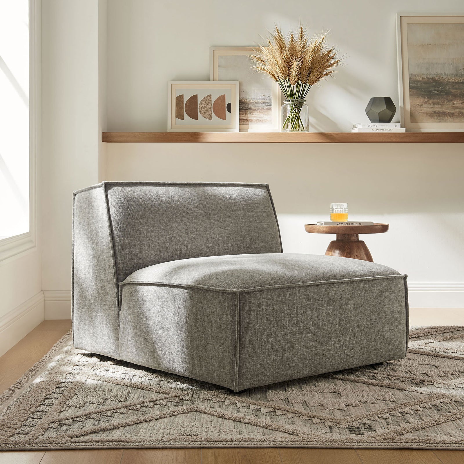 Inviting modular seat brings modern comfort to your living space with soft pewter performance fabric || EEI-7395-PEW || front_angle_room