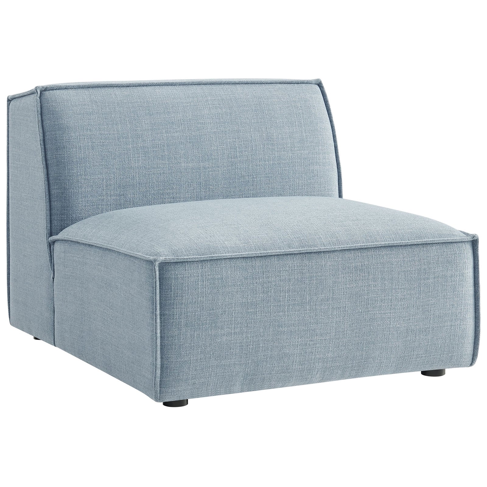 Sky blue performance fabric armless modular chair with plush cushioning and tailored French piping. || EEI-7395-SKY || front_angle_studio