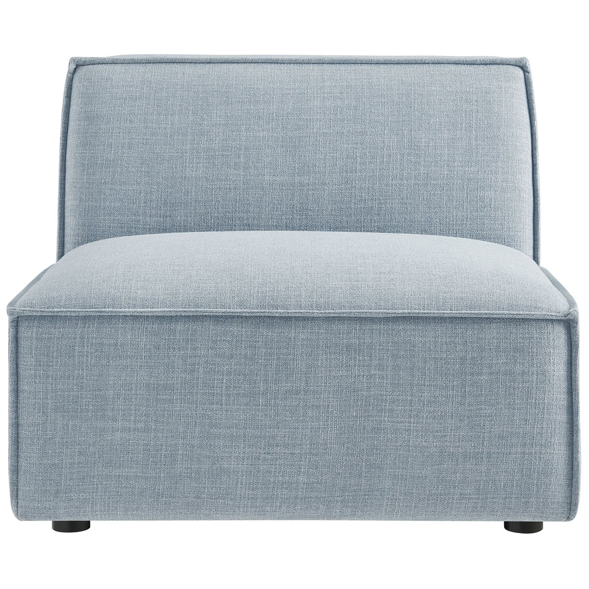 Generous lounge seat wrapped in sky performance fabric with smooth lines and refined piping. || EEI-7395-SKY || front_studio