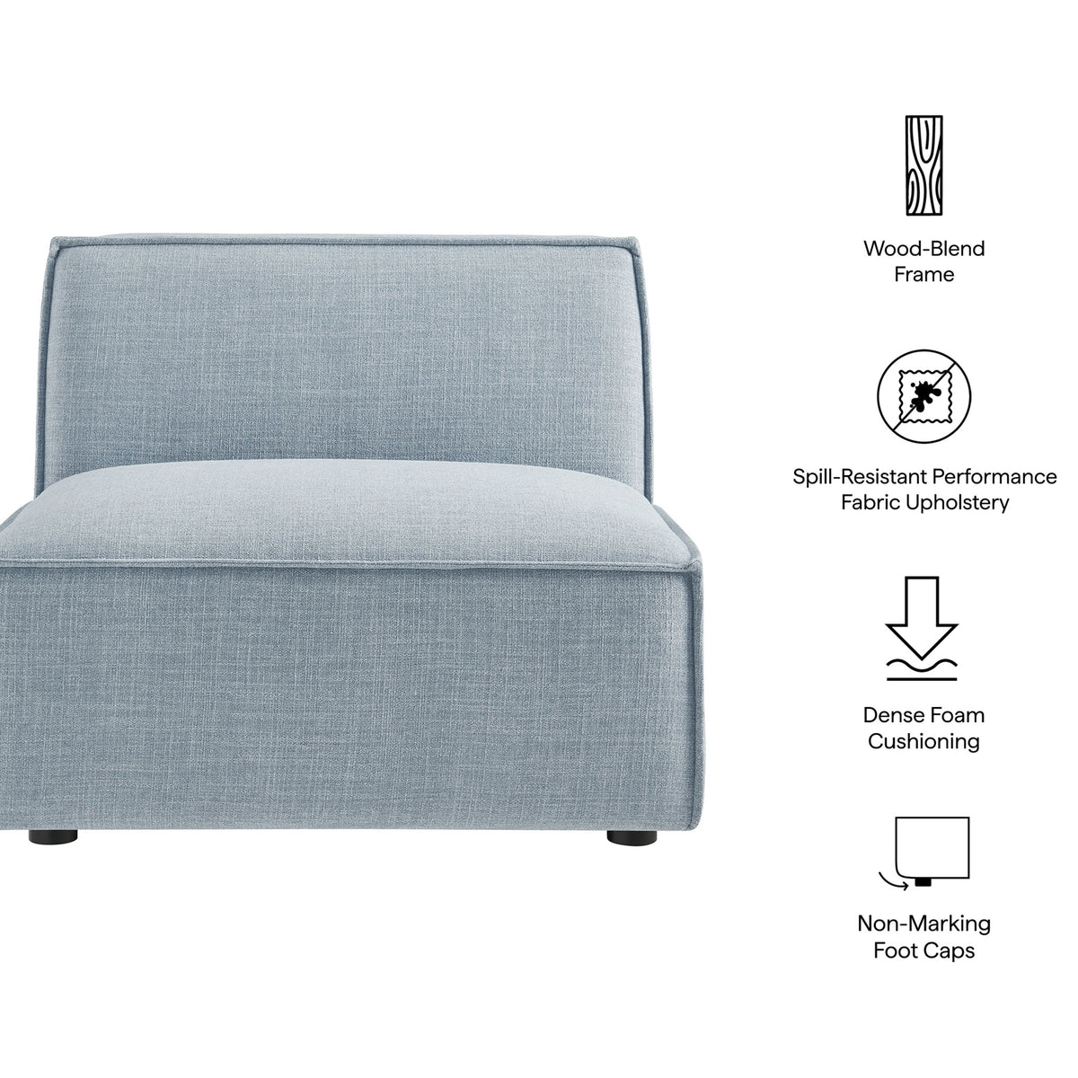 Features include spill-resistant fabric, dense foam cushioning, wood-blend frame, and non-marking foot caps. || EEI-7395-SKY || callout_studio