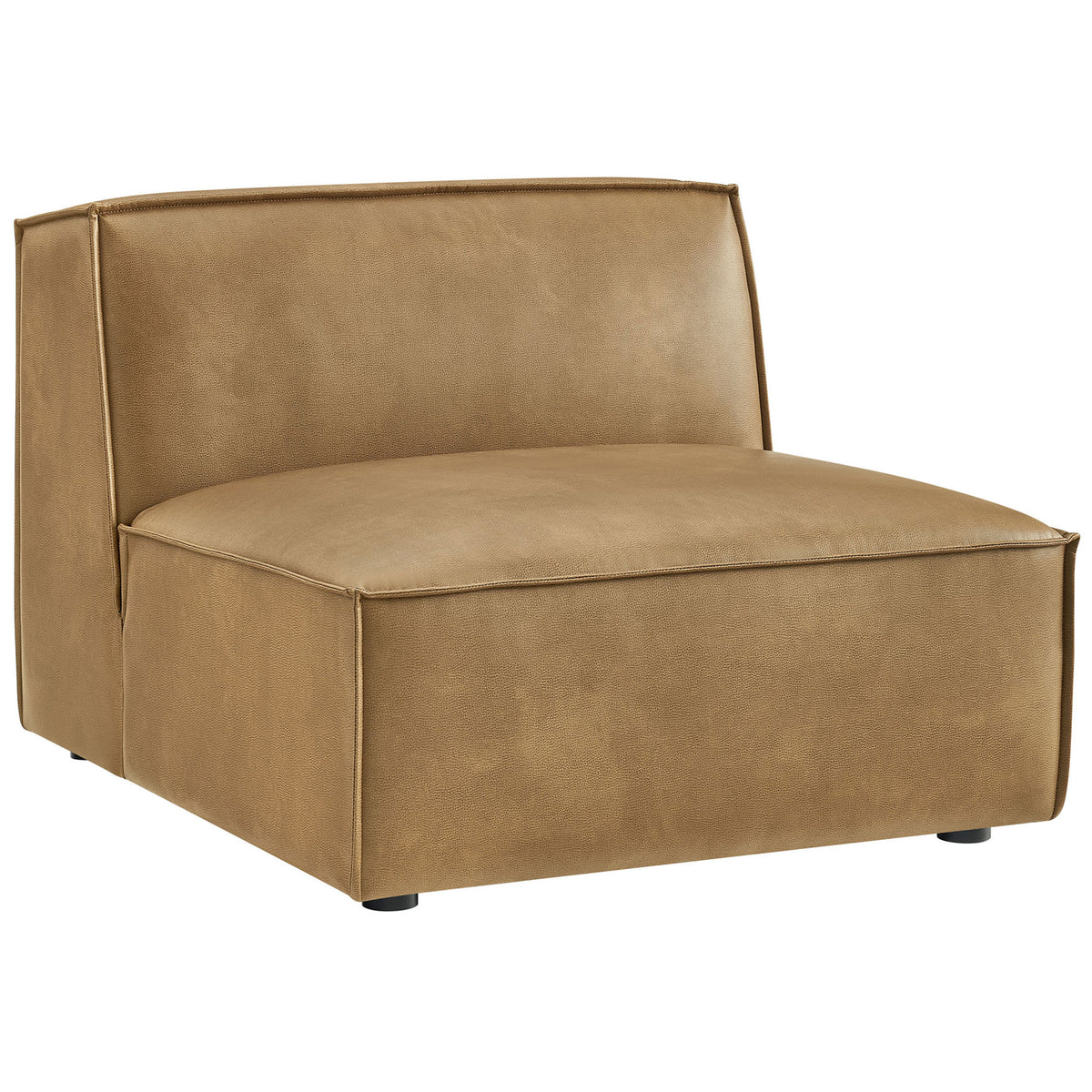 Low-profile armless modular chair in toast vegan leather with clean lines and French piping. || EEI-7396-TST || front_angle_studio