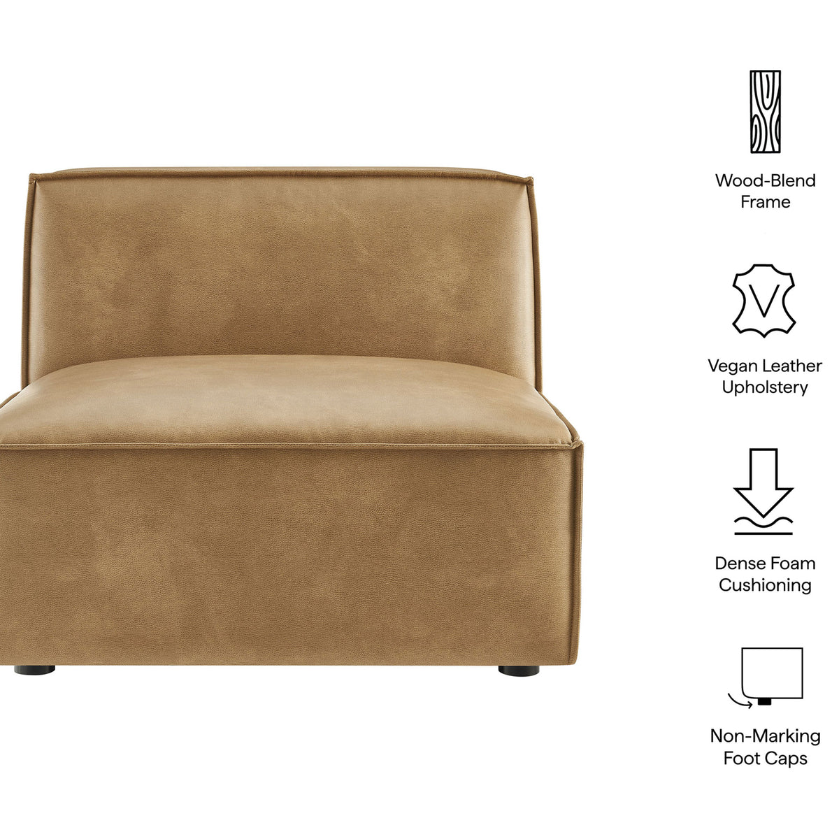 Key features include vegan leather upholstery, dense foam support, and non-marking foot caps. || EEI-7396-TST || callout_studio