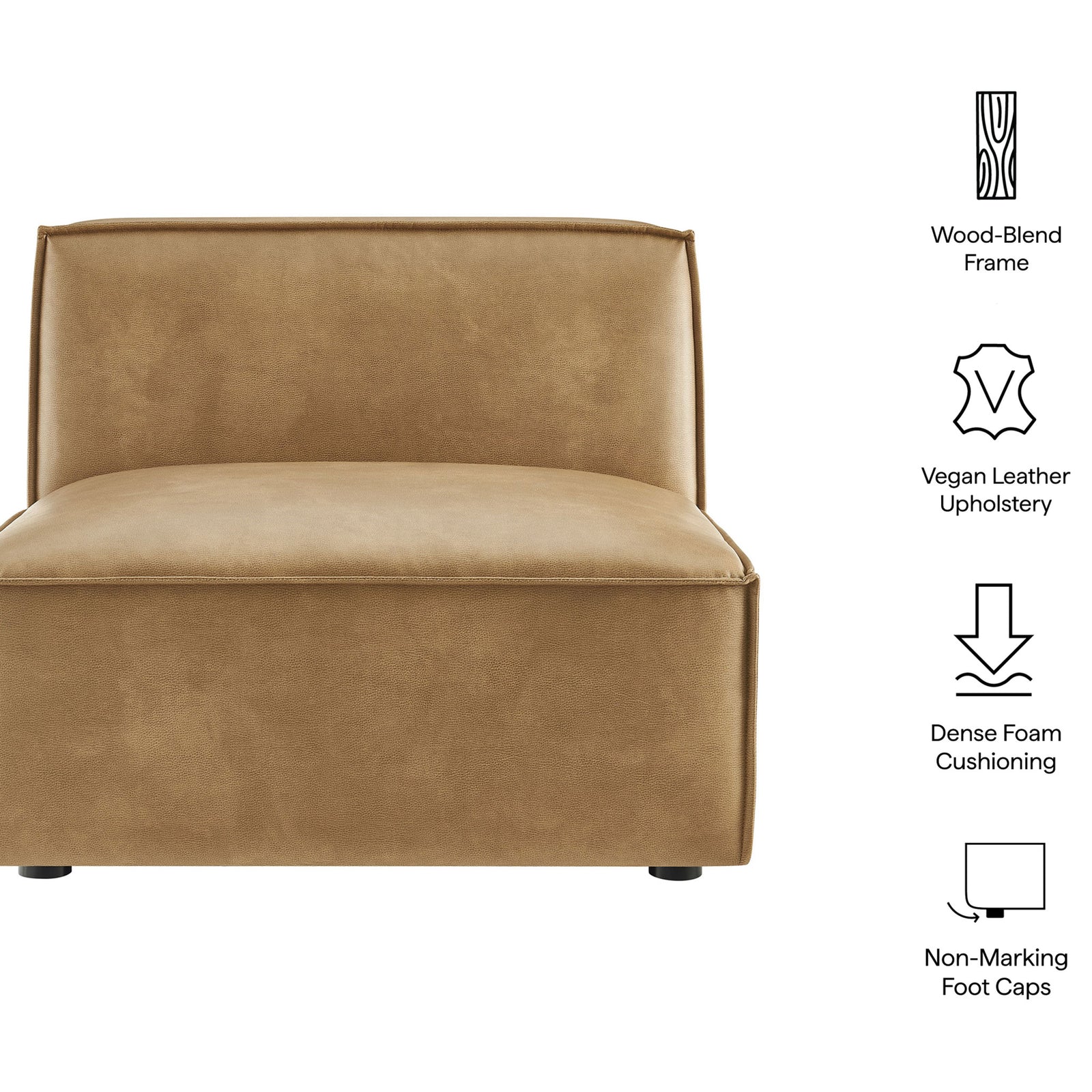 Key features include vegan leather upholstery, dense foam support, and non-marking foot caps. || EEI-7396-TST || callout_studio
