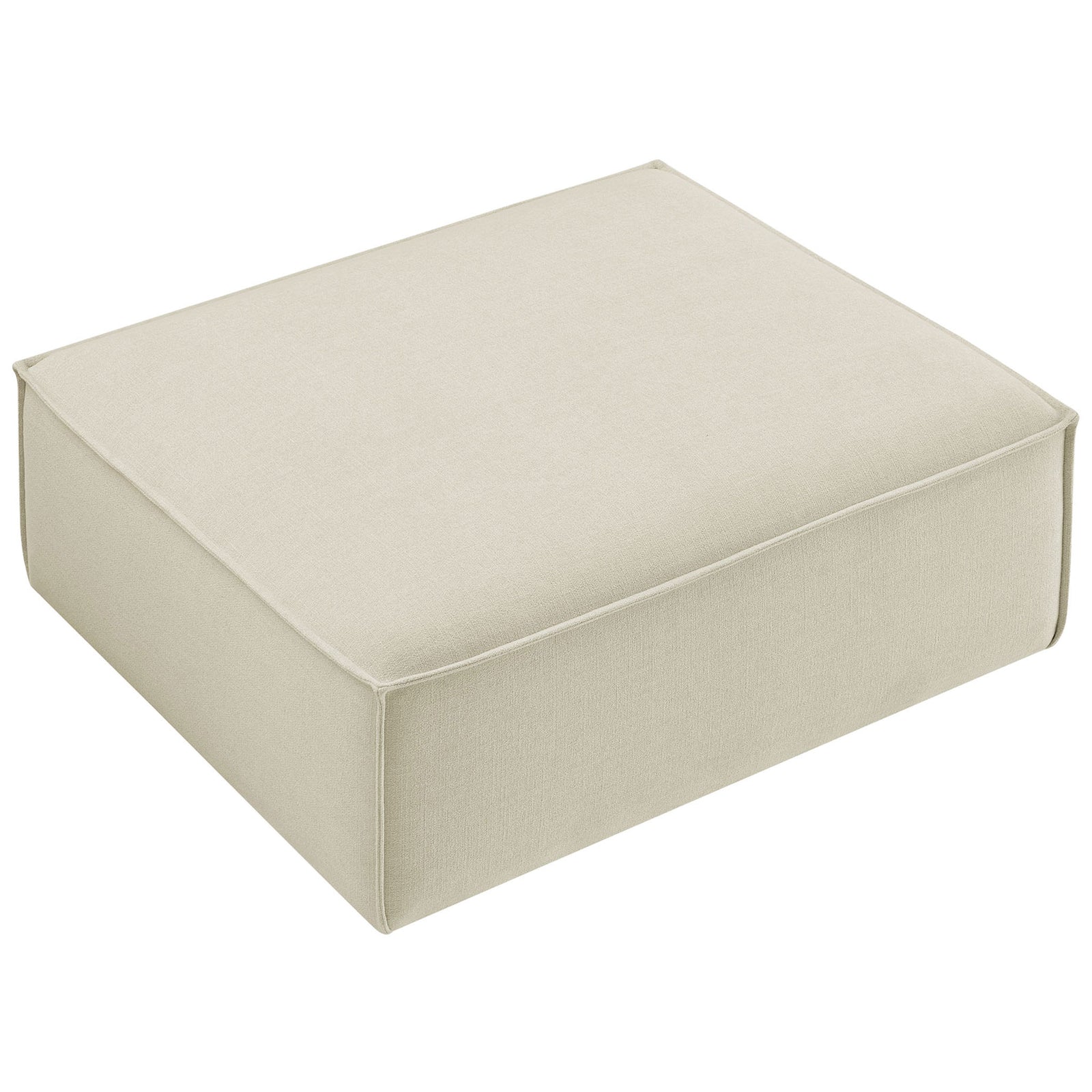 Spacious modular ottoman in ecru performance fabric provides a soft, supportive surface for relaxing. || EEI-7401-ECR || top_angle_studio