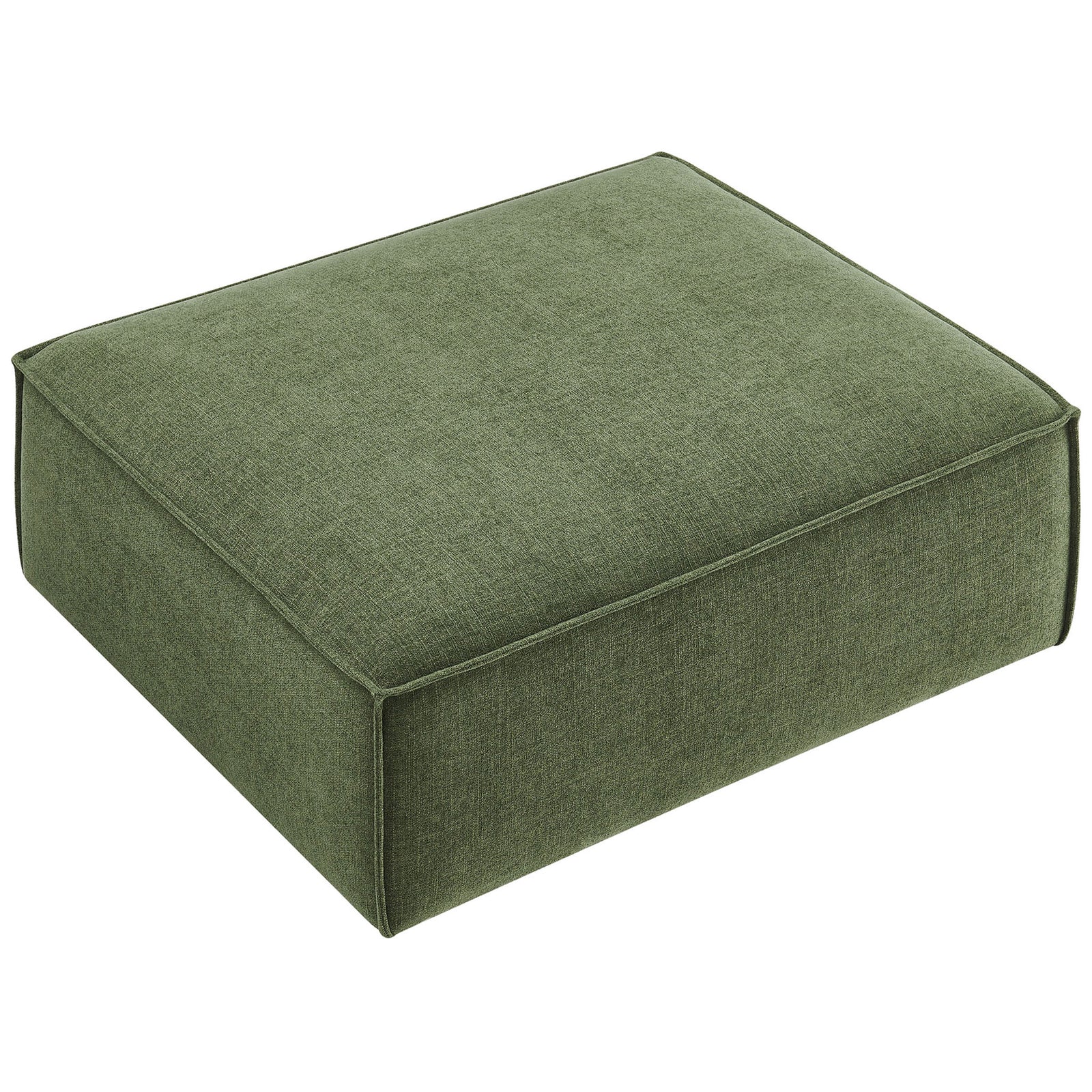 Generously sized square ottoman shows smooth foliage green top cushioned for lounging || EEI-7401-FOL || top_studio