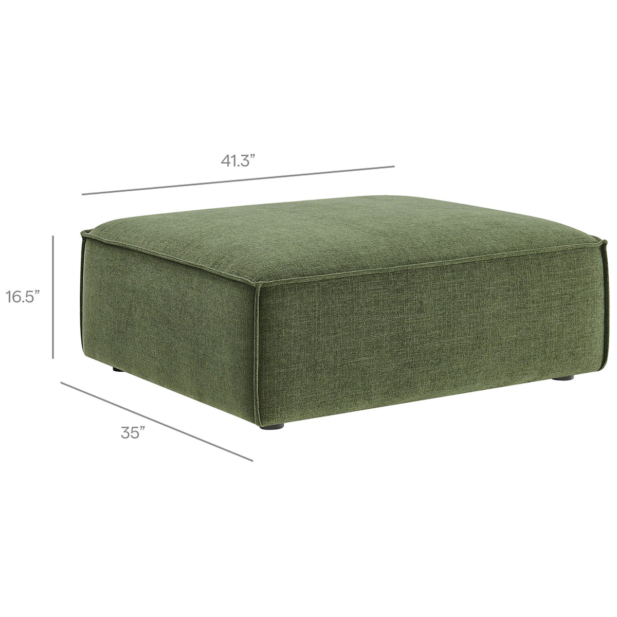 Foliage green ottoman with labeled dimensions showing generous width, depth, and low comfortable height || EEI-7401-FOL || dimension_studio