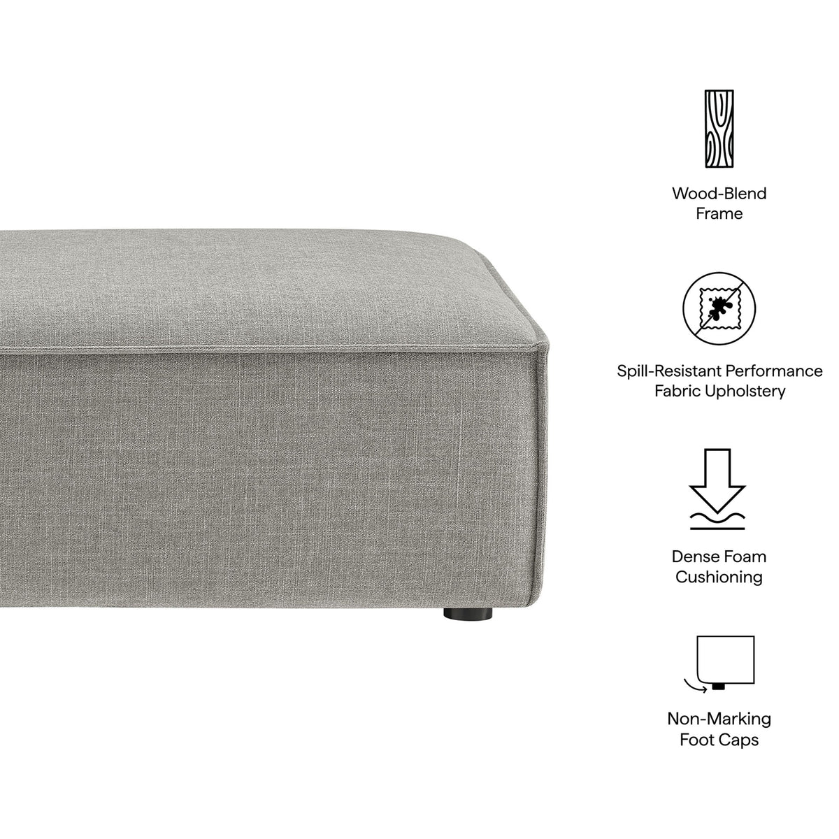 Pewter performance fabric ottoman with dense foam cushioning, wood-blend frame, and non-marking foot caps || EEI-7401-PEW || callout_studio