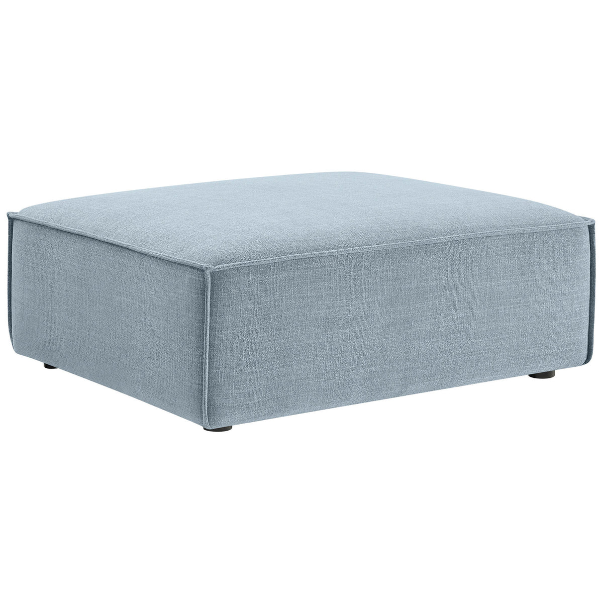 Spacious sky blue ottoman offers a wide lounging surface with tailored French piping and soft performance fabric || EEI-7401-SKY || front_angle_studio