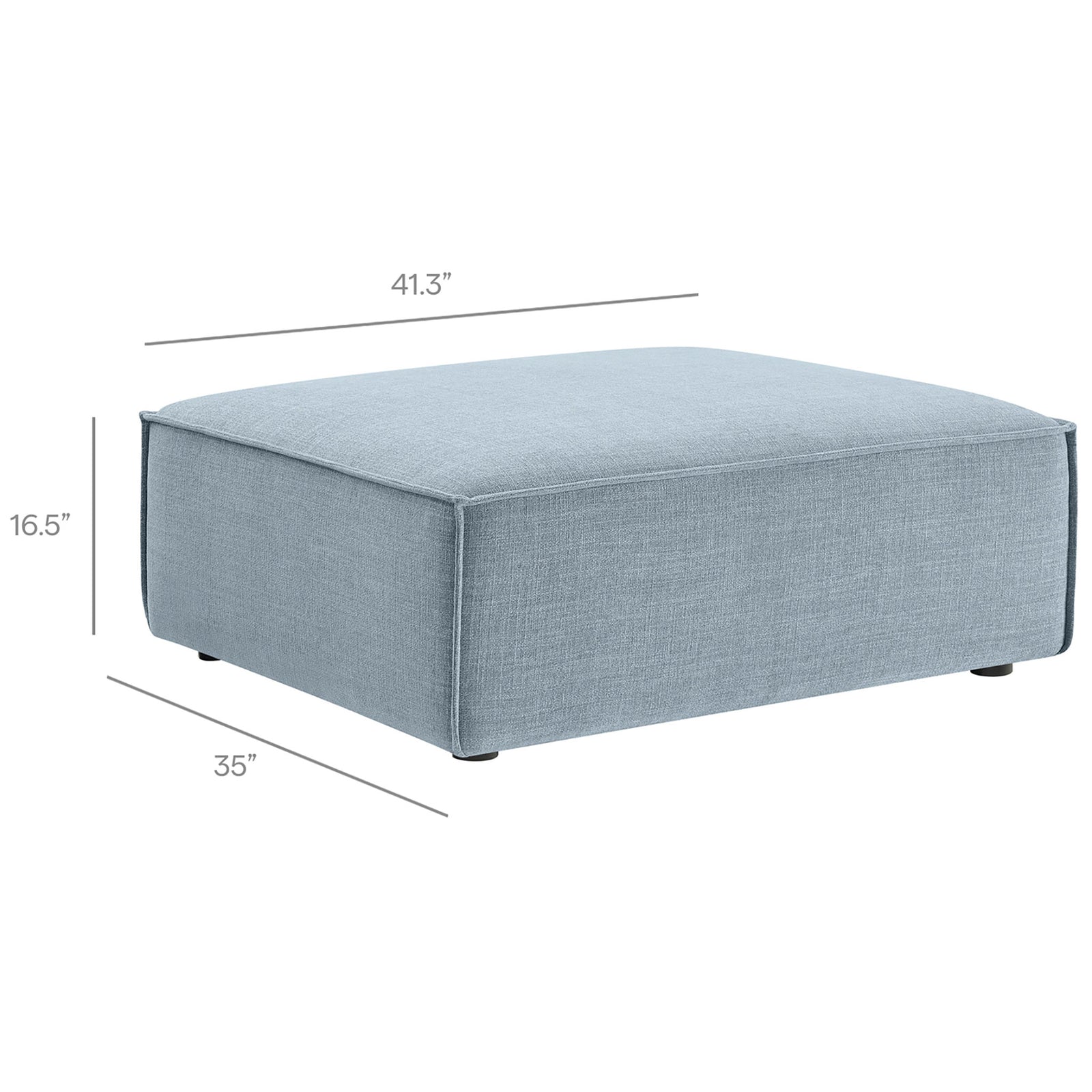 Sky blue modular ottoman includes clear width, depth, and height measurements to simplify planning your seating layout || EEI-7401-SKY || dimension_studio
