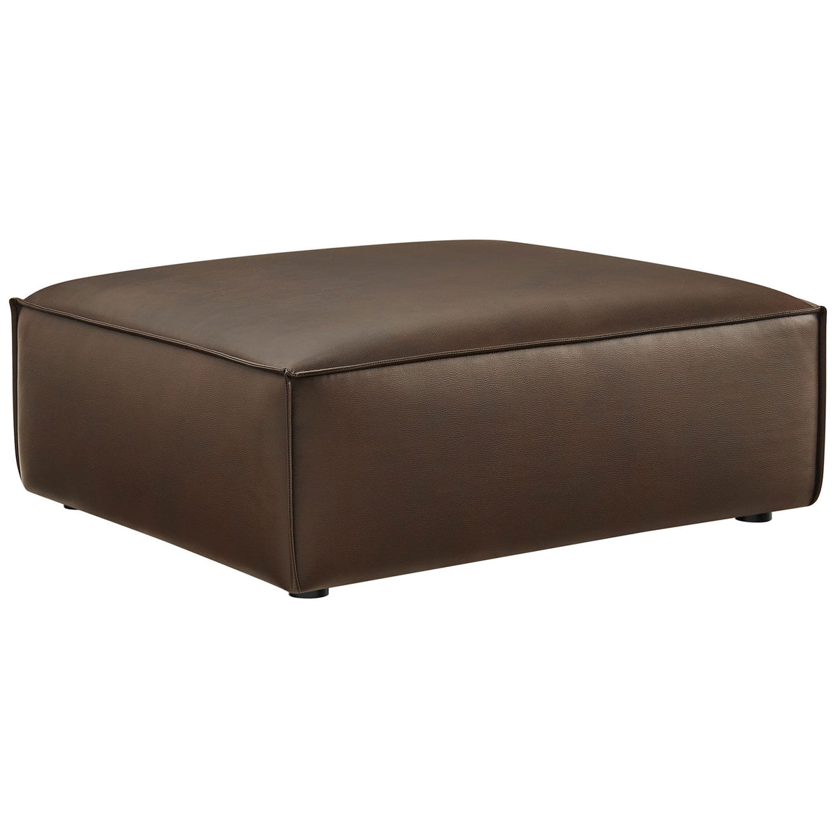 Low-profile espresso ottoman with broad cushioned top and smooth vegan leather upholstery. || EEI-7402-ESP || front_angle_studio
