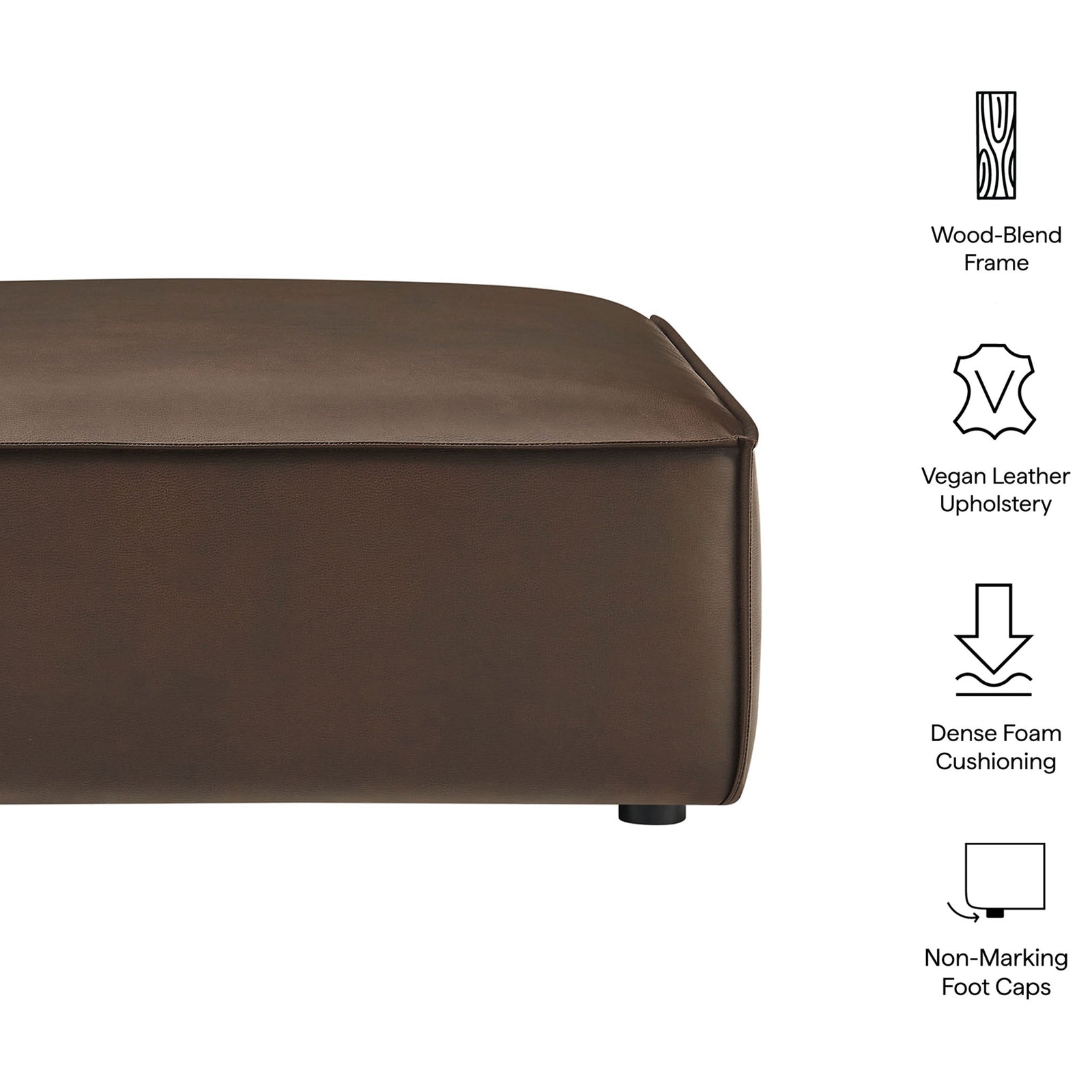Espresso vegan leather ottoman highlighted with wood-blend frame, dense foam cushioning, and non-marking feet. || EEI-7402-ESP || callout_studio