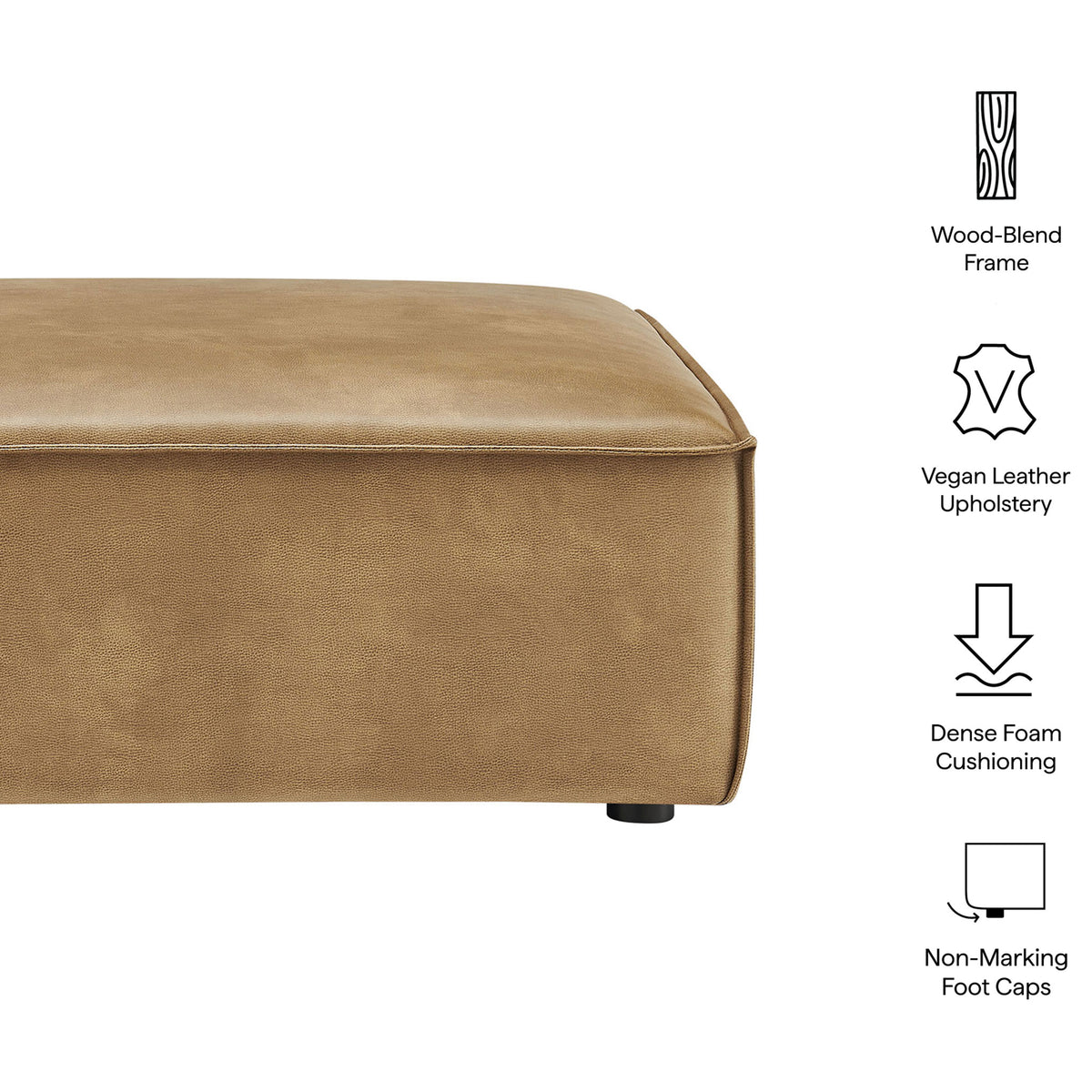 Feature icons highlight wood-blend frame, vegan leather upholstery, dense foam cushioning, and non-marking feet || EEI-7402-TST || callout_studio