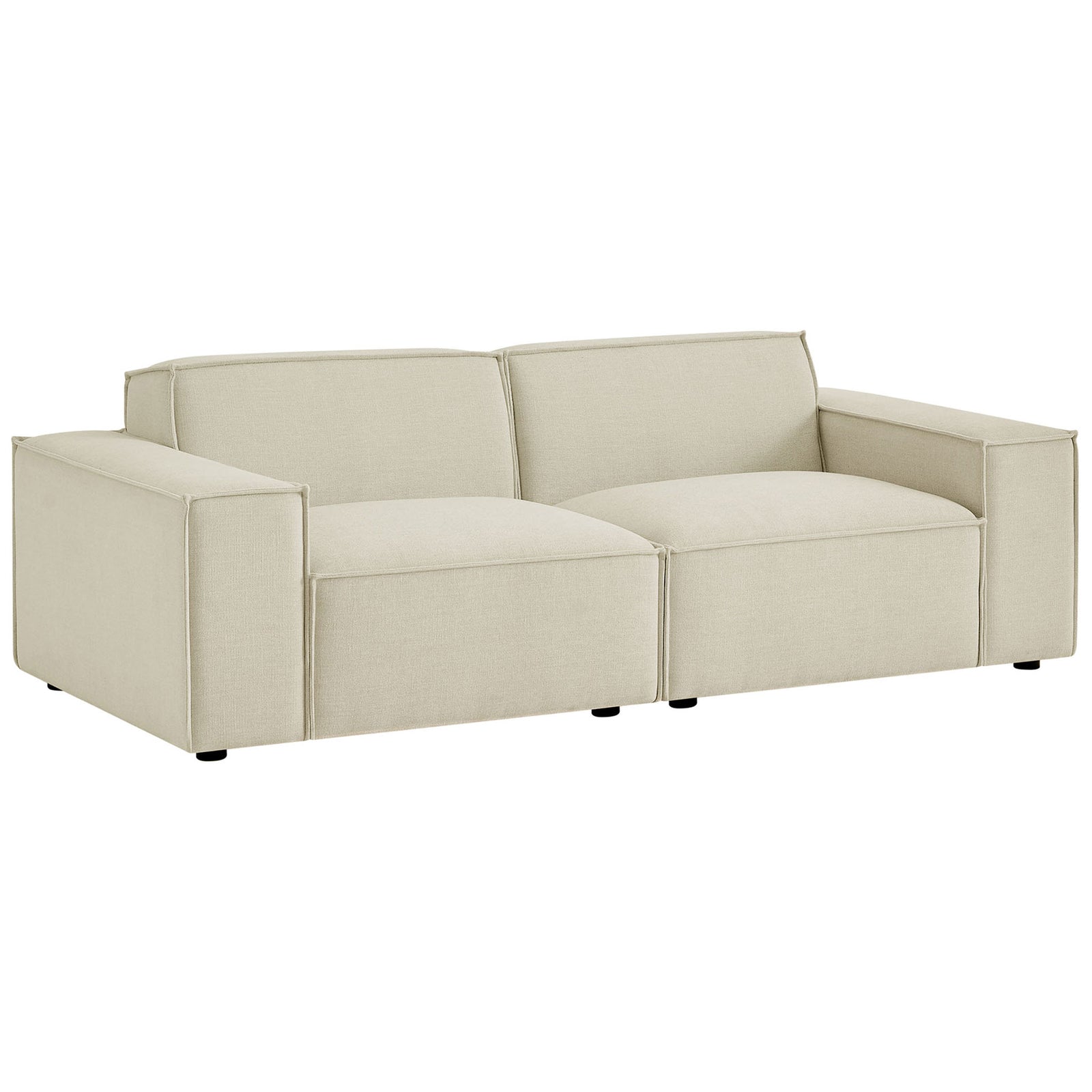 Spacious ecru modular loveseat featuring generous seating depth and crisp, tailored French piping. || EEI-7403-ECR || front_angle_studio