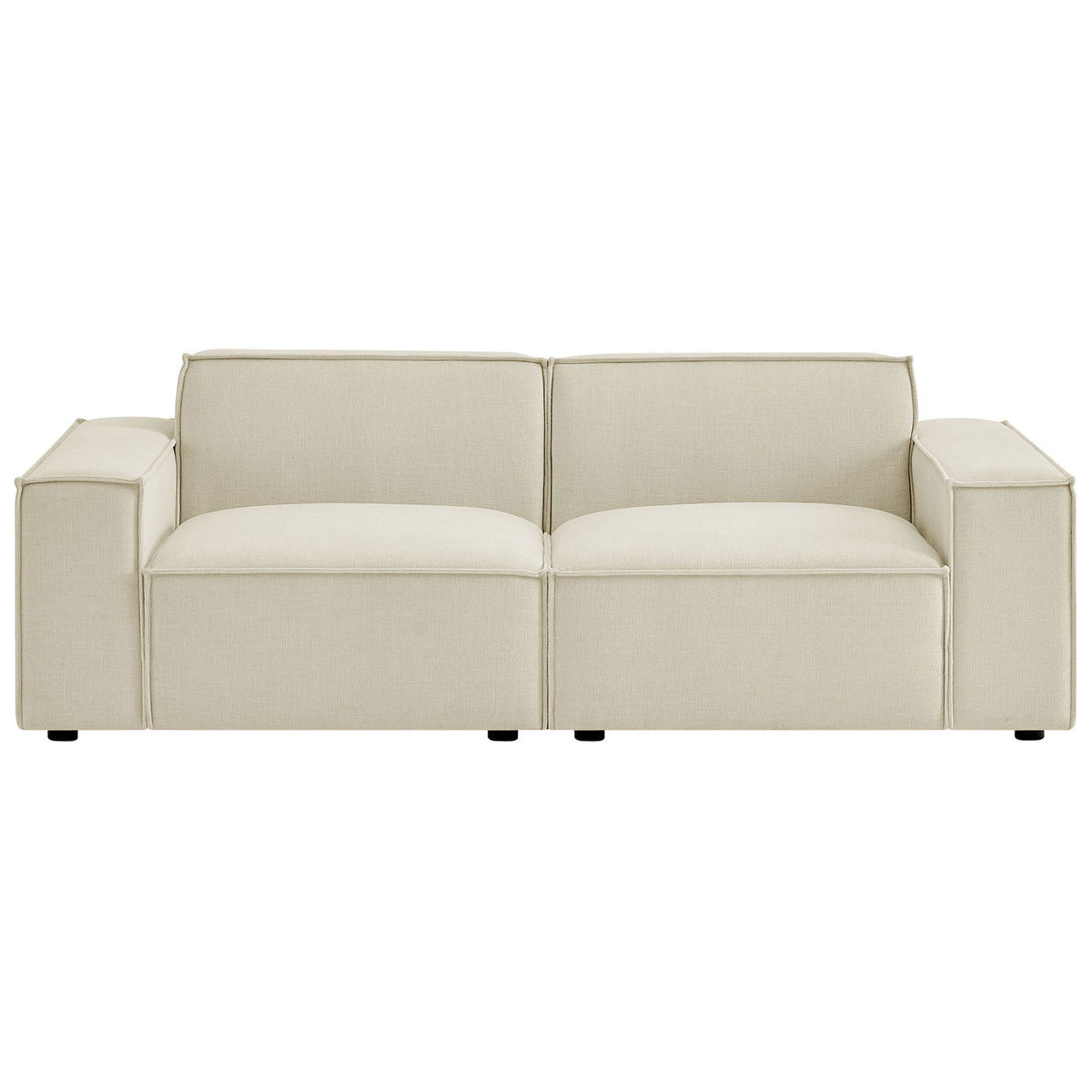 Ecru performance fabric modular loveseat with low profile, wide arms, and soft box seat cushions. || EEI-7403-ECR || front_studio