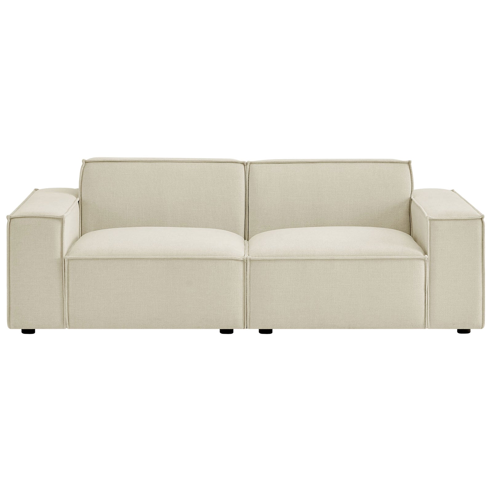 Ecru performance fabric modular loveseat with low profile, wide arms, and soft box seat cushions. || EEI-7403-ECR || front_studio