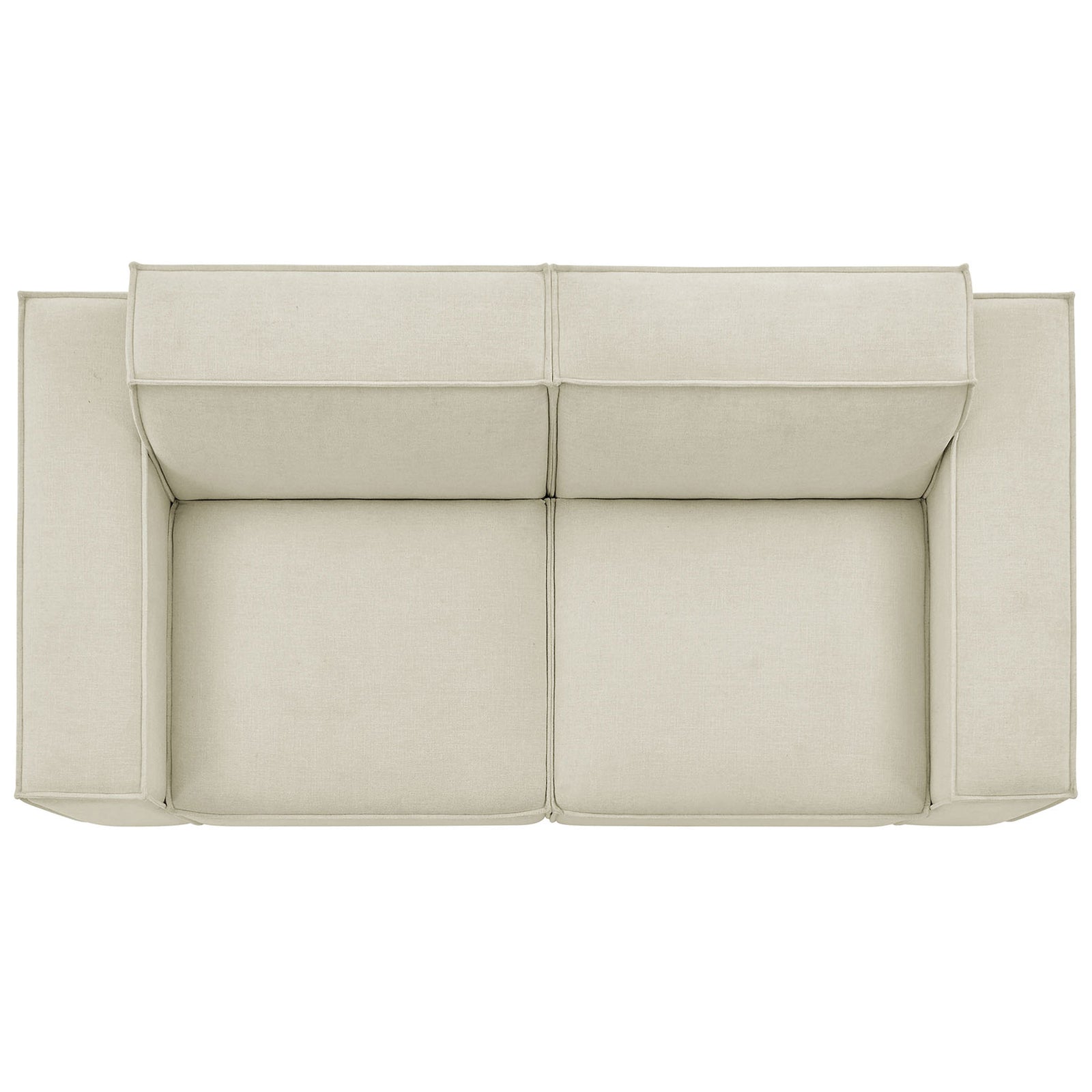 Modular loveseat with two deep seat cushions and wide track arms in smooth ecru performance fabric. || EEI-7403-ECR || top_studio