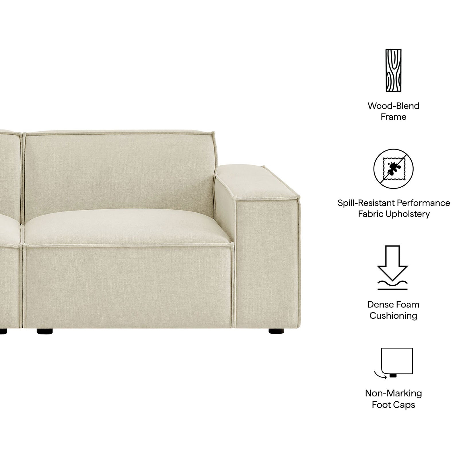 Ecru modular loveseat highlighting wood-blend frame, spill-resistant fabric, dense foam, and non-marking feet. || EEI-7403-ECR || callout_studio