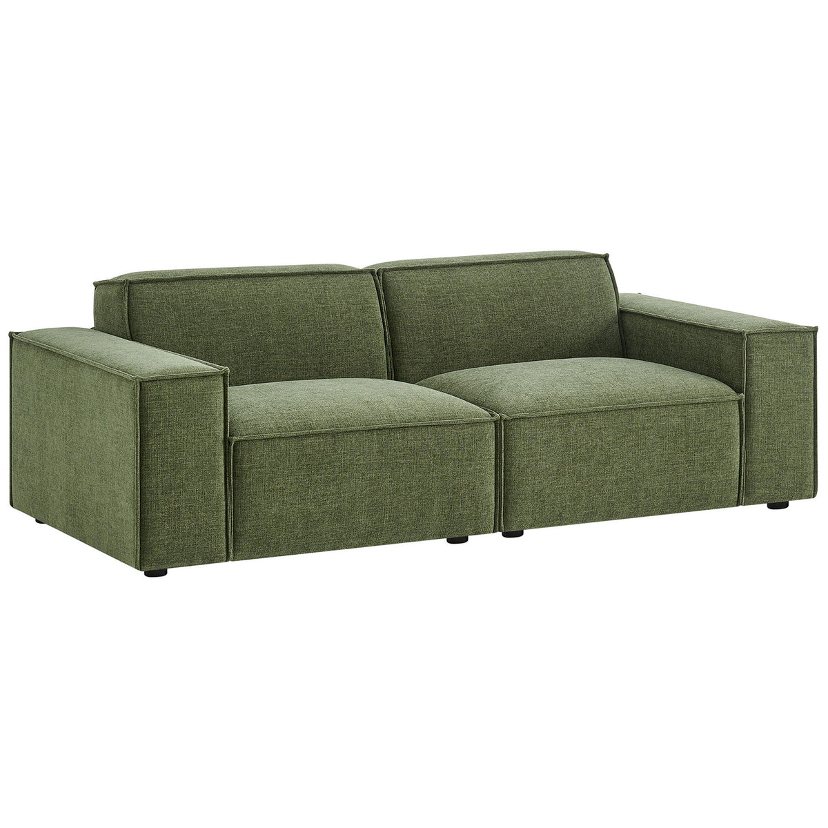 Two piece foliage green modular loveseat with deep seats and crisp French piping details. || EEI-7403-FOL || front_angle_studio