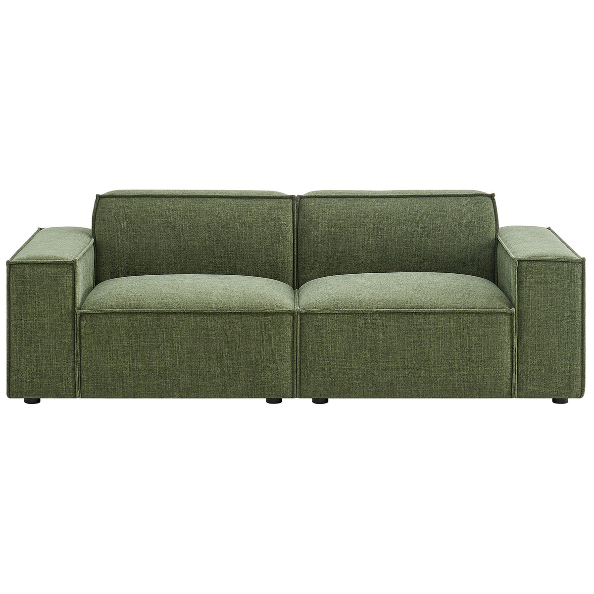Foliage green modular loveseat with broad track arms and tailored performance fabric cushions. || EEI-7403-FOL || front_studio