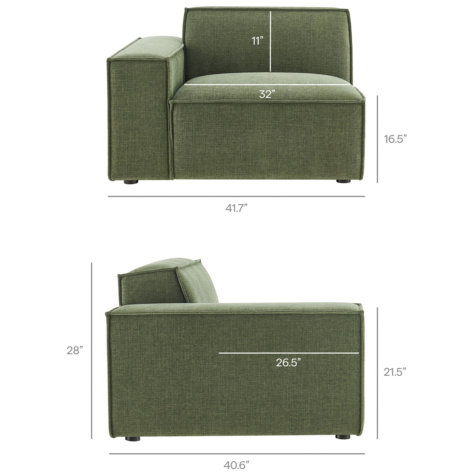 Left arm modular lounge chair in foliage green with detailed height, width, and depth measurements displayed. || EEI-7403-FOL || dimension_studio