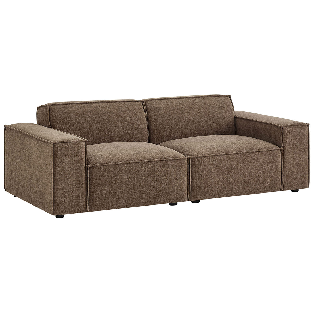Modular mocha loveseat in textured performance fabric with deep seat cushions and clean, tailored lines || EEI-7403-MOC || front_angle_studio