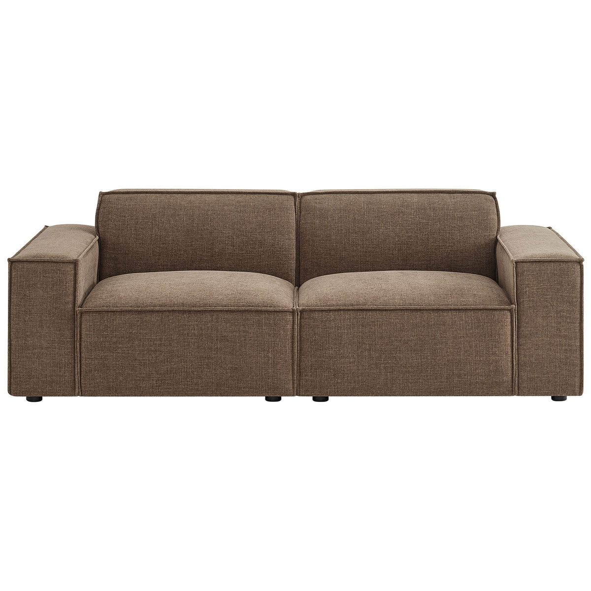 Mocha performance fabric loveseat with broad cushions and low, wide track arms for relaxed lounging || EEI-7403-MOC || front_studio