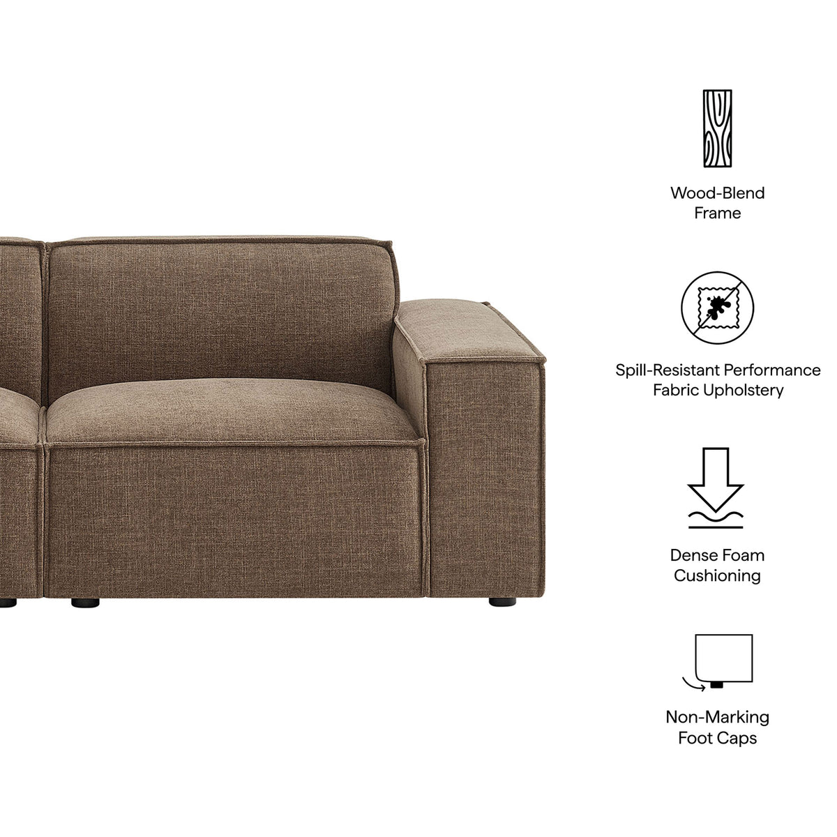 Feature callouts highlighting the mocha loveseat's wood-blend frame, performance fabric, dense foam, and foot caps || EEI-7403-MOC || callout_studio