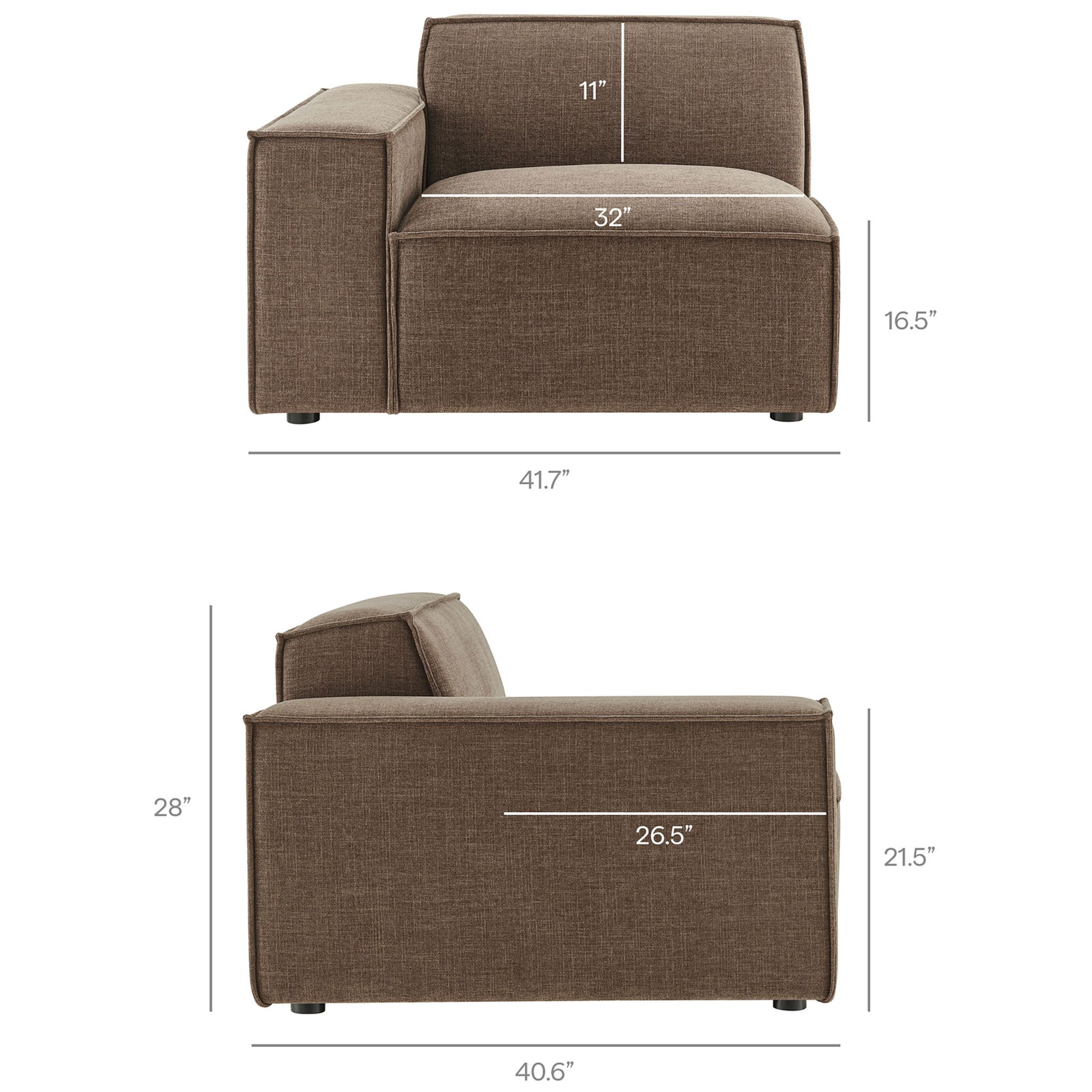 Dimensions diagram for the left-facing modular lounge chair showing seat depth, back height, width, and overall size || EEI-7403-MOC || dimension_studio