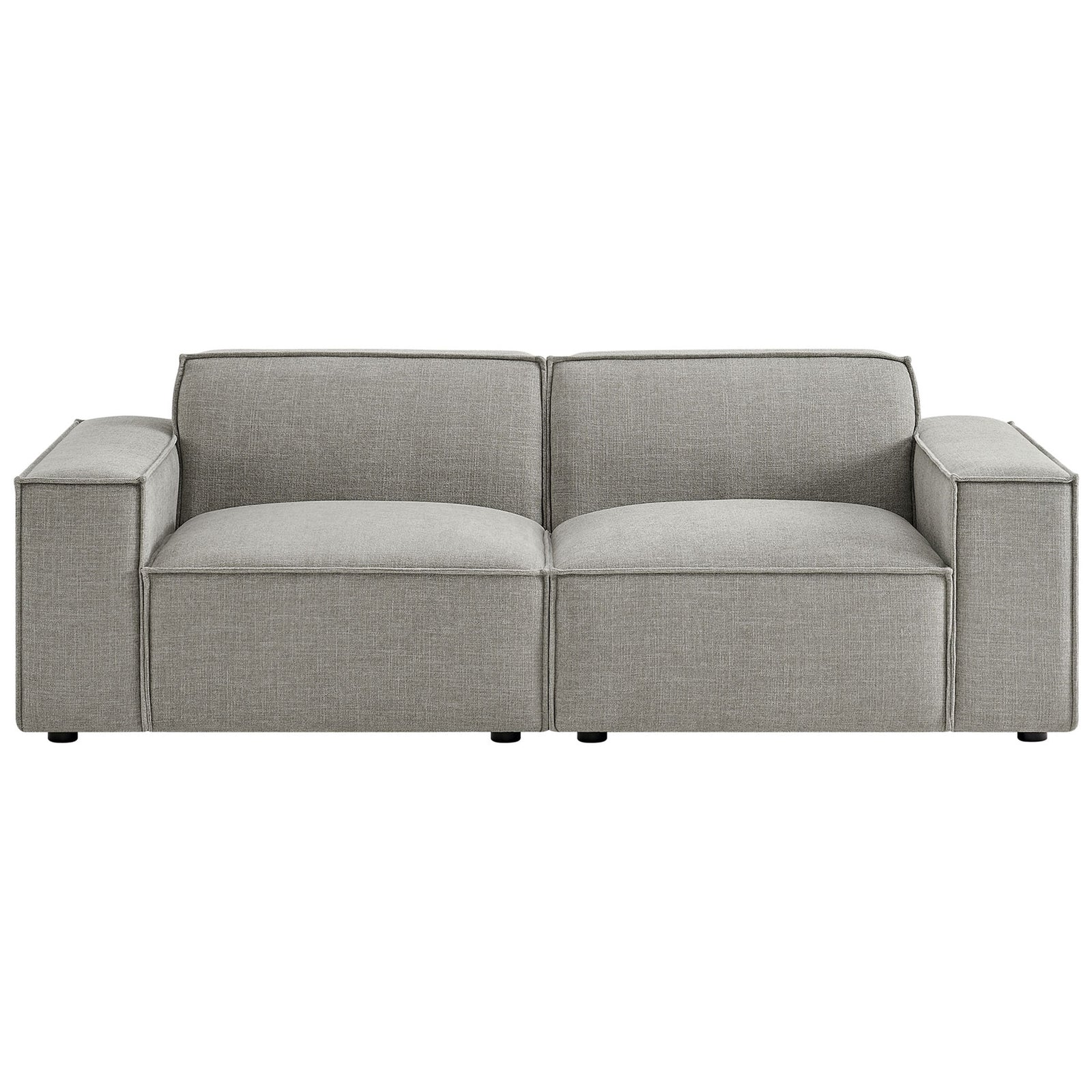 Pewter upholstered modular loveseat with generous cushions and crisp French piping lines || EEI-7403-PEW || front_studio