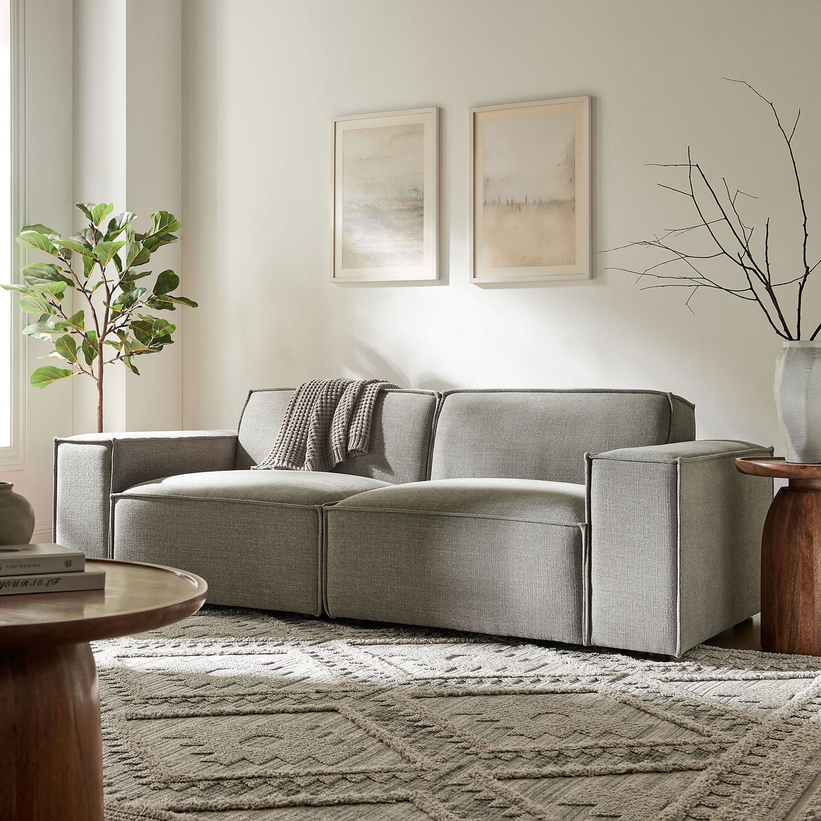 Restore modular loveseat in pewter fabric creating a cozy focal point in a bright living room || EEI-7403-PEW || front_room