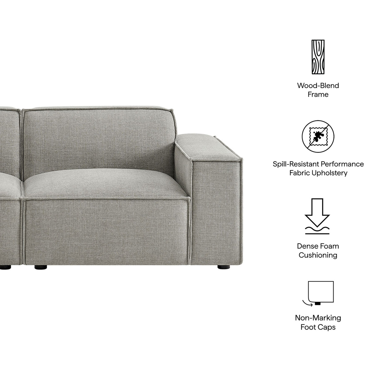 Restore modular loveseat with wood-blend frame, performance fabric, dense cushioning, and non-marking foot caps || EEI-7403-PEW || callout_studio