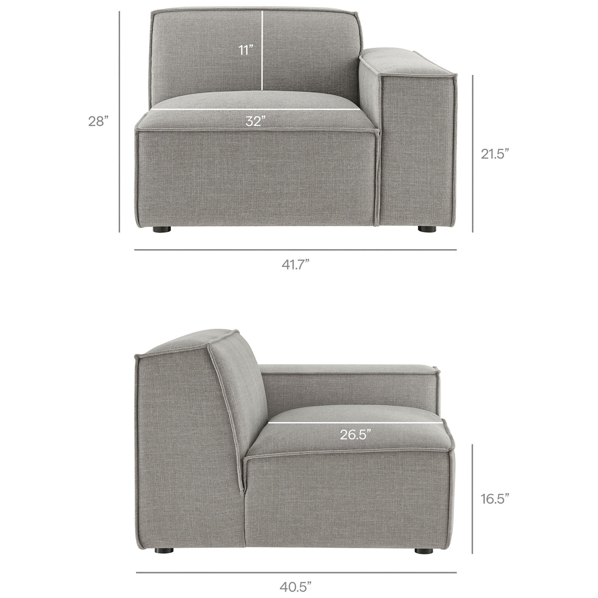 Dimensions for the modular right-arm lounge chair detailing seat measurements and overall proportions || EEI-7403-PEW || dimension_studio
