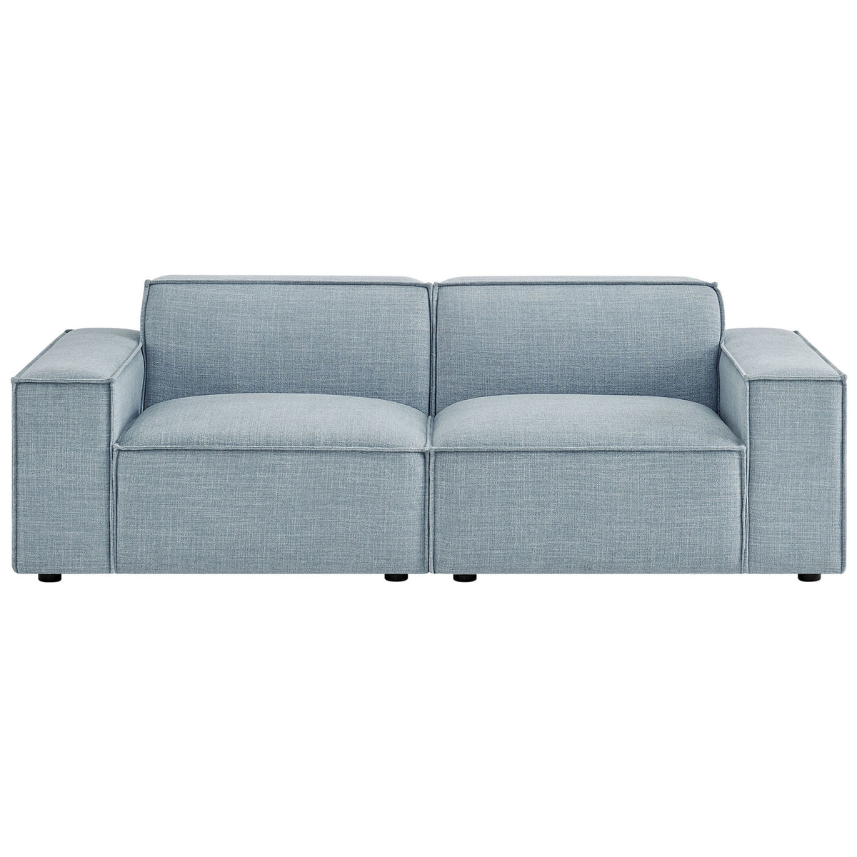 Sky blue modular loveseat with wide track arms and deep performance fabric cushions || EEI-7403-SKY || front_studio