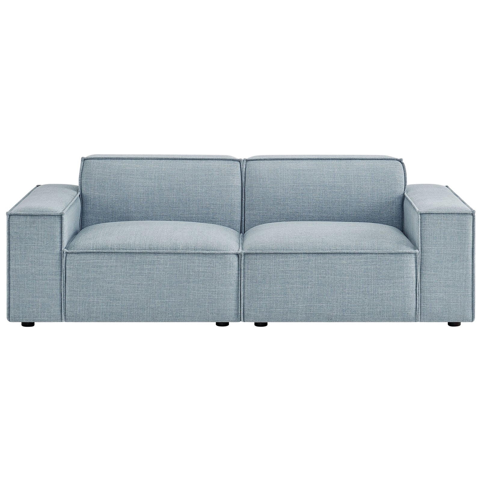 Sky blue modular loveseat with wide track arms and deep performance fabric cushions || EEI-7403-SKY || front_studio
