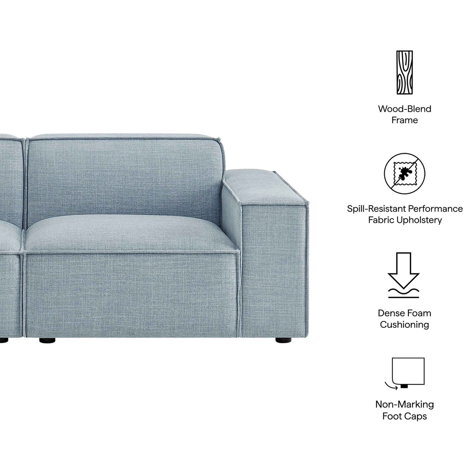 Sky blue modular loveseat highlighting wood-blend frame, dense foam cushions, and non-marking foot caps || EEI-7403-SKY || callout_studio