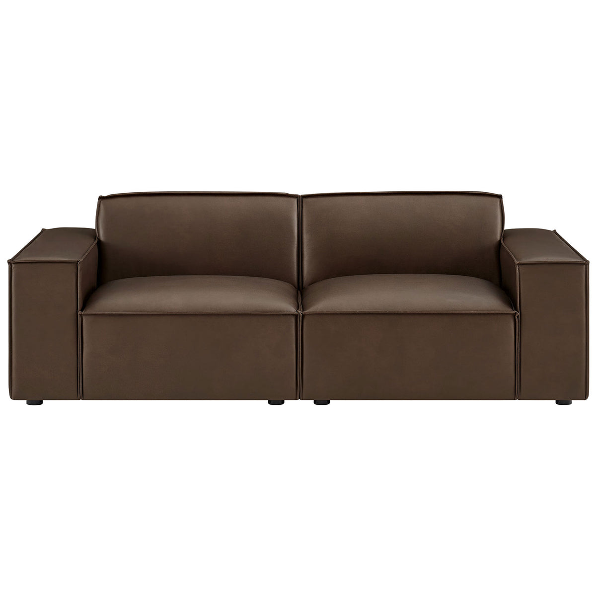 Tailored espresso vegan leather loveseat with clean lines and French piping accents. || EEI-7404-ESP || front_studio