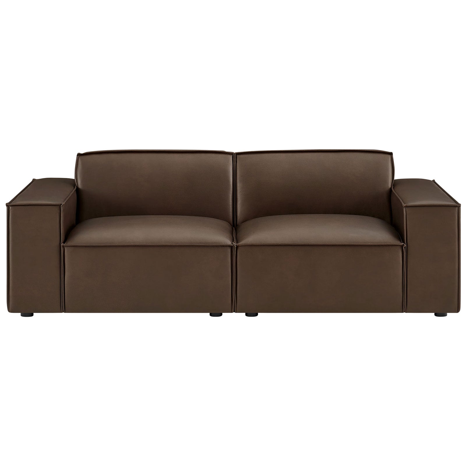 Tailored espresso vegan leather loveseat with clean lines and French piping accents. || EEI-7404-ESP || front_studio