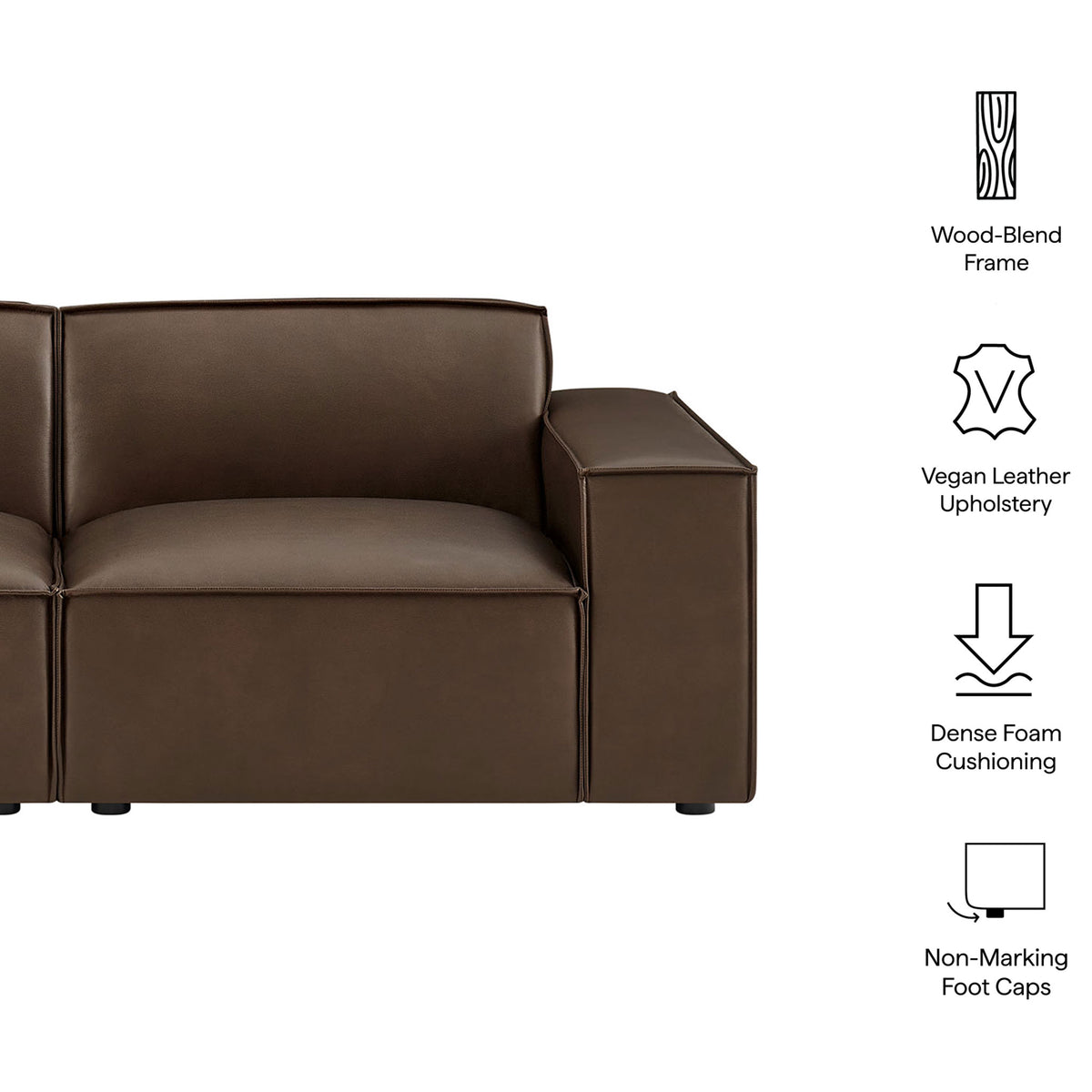 Espresso vegan leather modular loveseat with wood-blend frame, dense foam, and floor-safe feet. || EEI-7404-ESP || callout_studio