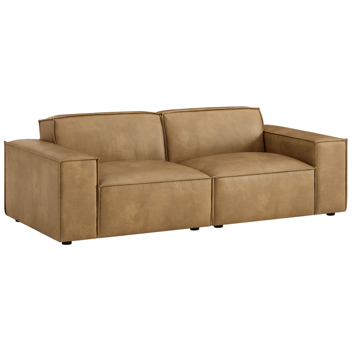 Low-profile toast vegan leather loveseat with deep seats and clean, boxy silhouette for modern lounges. || EEI-7404-TST || front_angle_studio