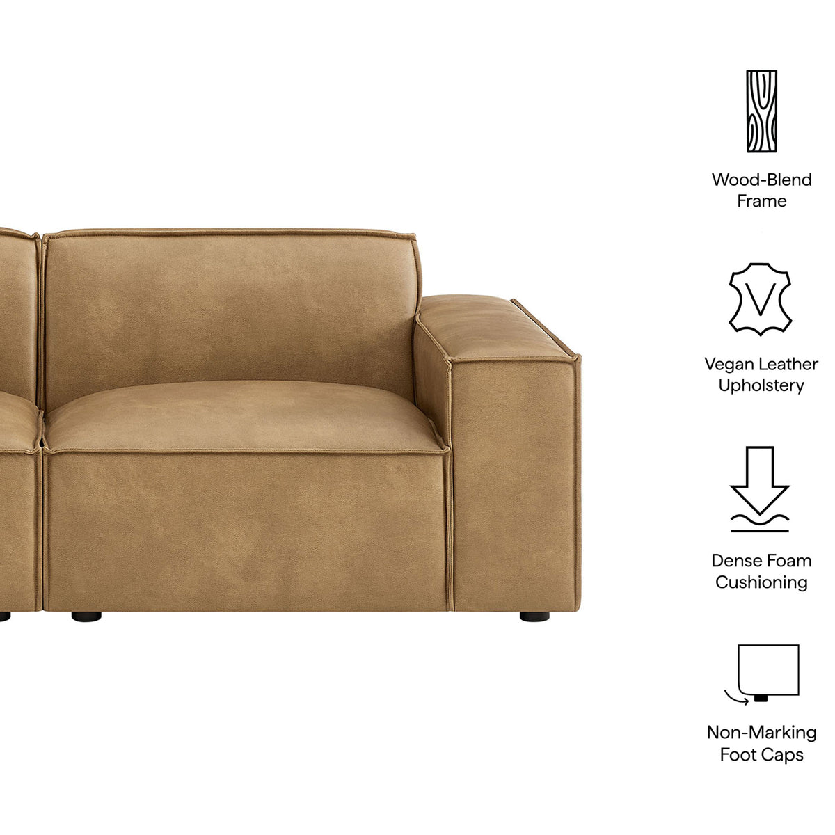 Structured arm and deep seat of the toast vegan leather loveseat with smooth upholstery and low-profile feet. || EEI-7404-TST || callout_studio