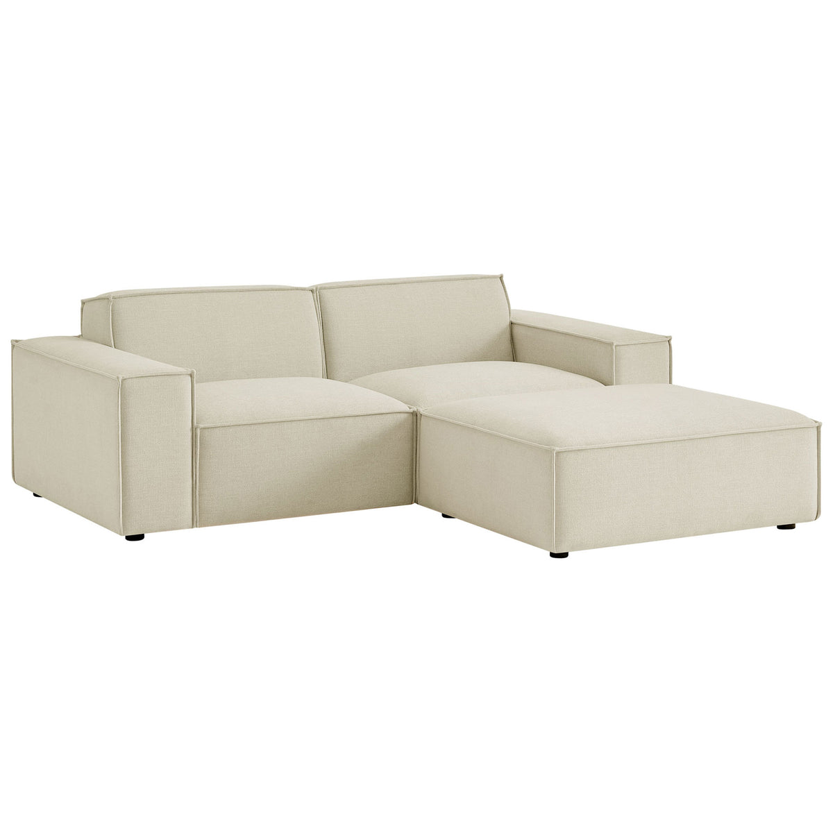Restore ecru modular loveseat with ottoman arranged in a right-facing L shape. || EEI-7405-ECR || front_angle_studio